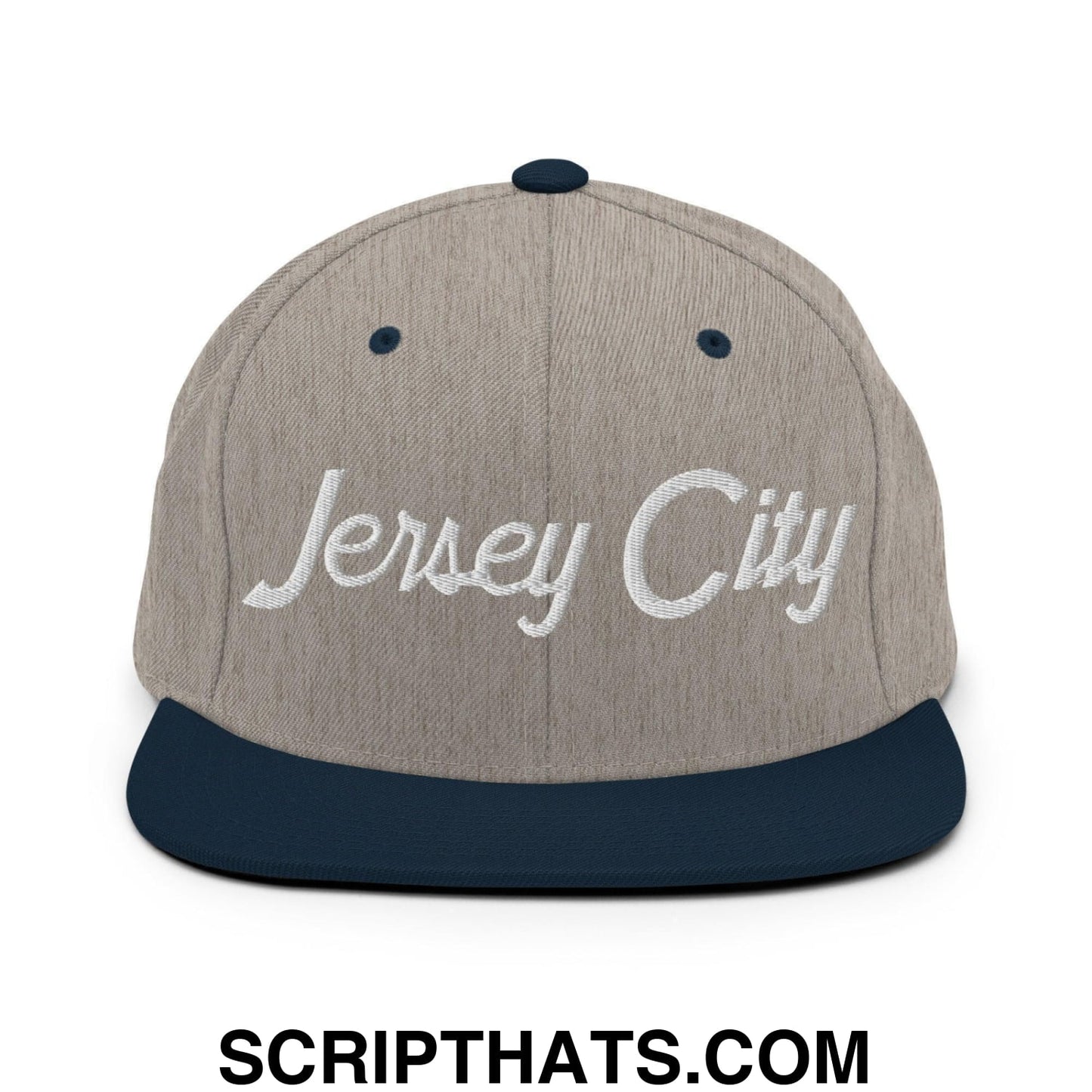 Jersey City Script Snapback Hat Heather Grey Navy