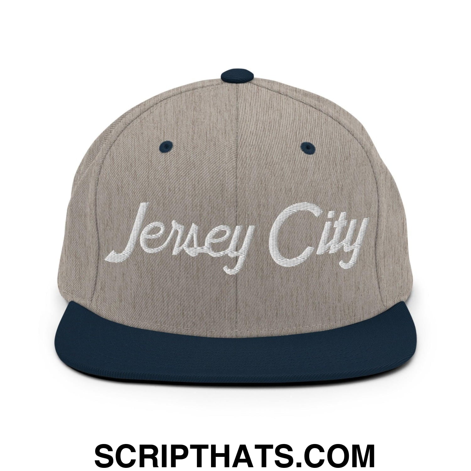 Jersey City Script Snapback Hat Heather Grey Navy