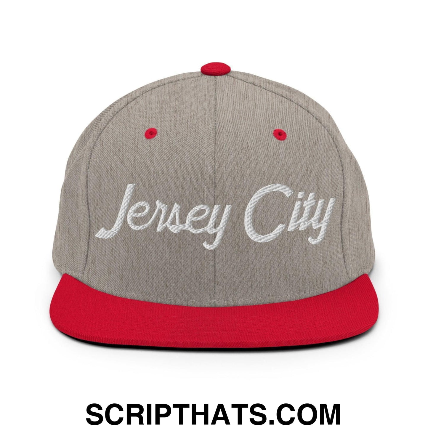 Jersey City Script Snapback Hat Heather Grey Red
