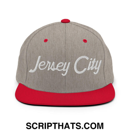 Jersey City Script Snapback Hat Heather Grey Red