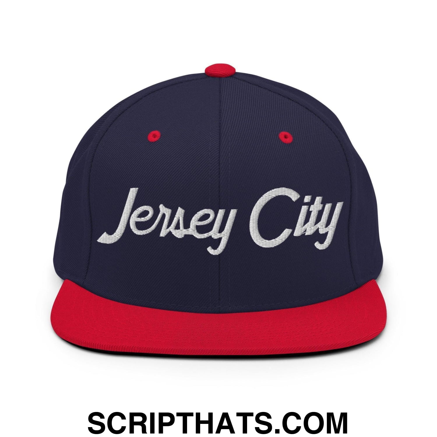 Jersey City Script Snapback Hat Navy Red
