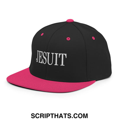 Black and pink snapback hat with white embroidered Jesuit lettering and flat bill brim design