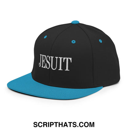 Black and teal snapback hat with white embroidered jesuit lettering and flat bill brim for casual wear