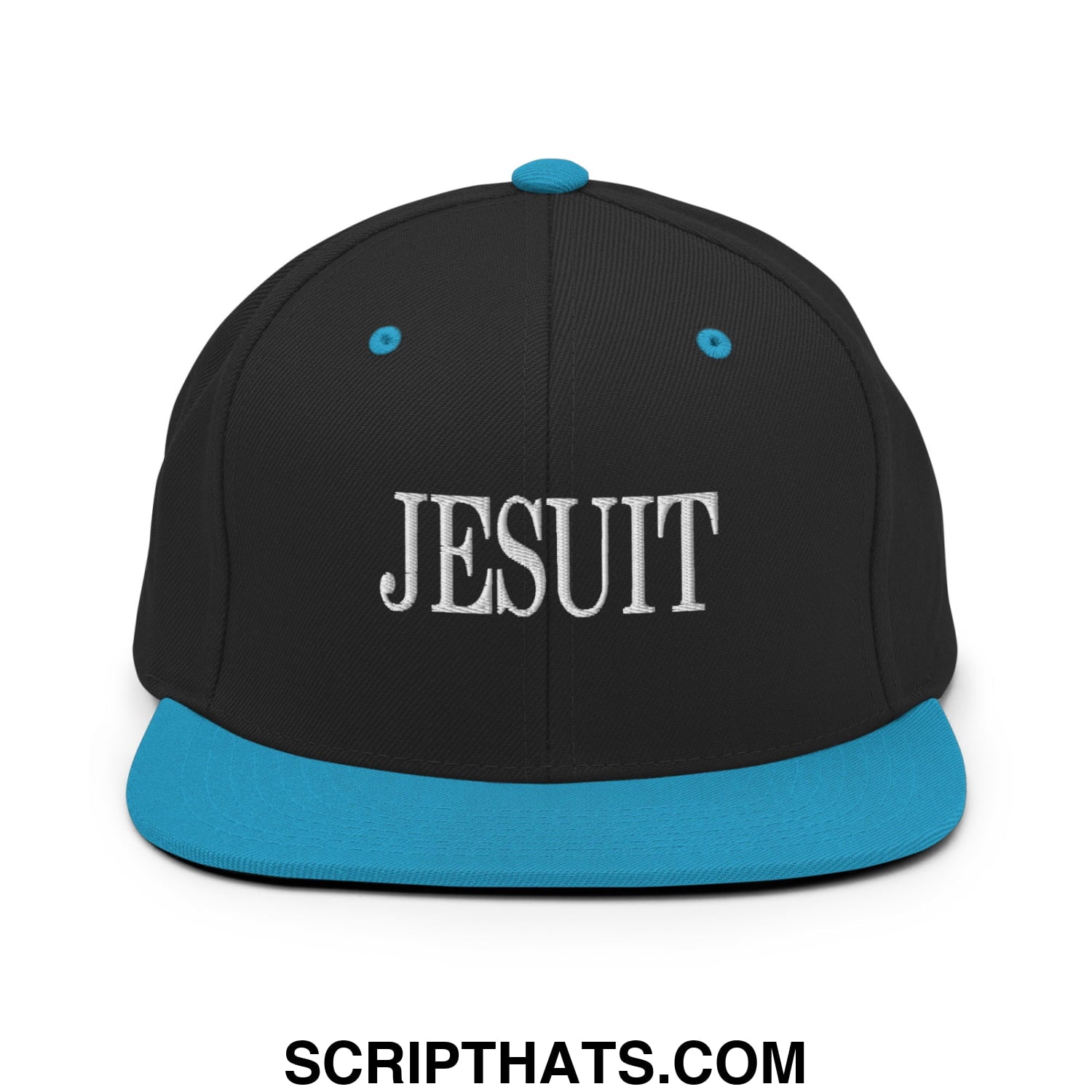 Jesuit embroidered flat bill snapback hat in black with teal brim and button featuring white lettering on front