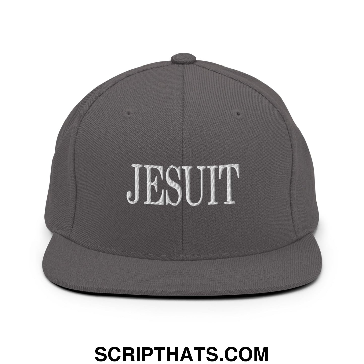 Gray snapback hat with white embroidered jesuit text and flat bill brim ideal for casual wear