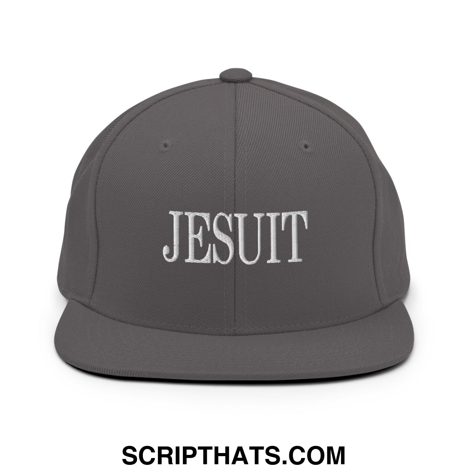 Gray snapback hat with white embroidered jesuit text and flat bill brim ideal for casual wear