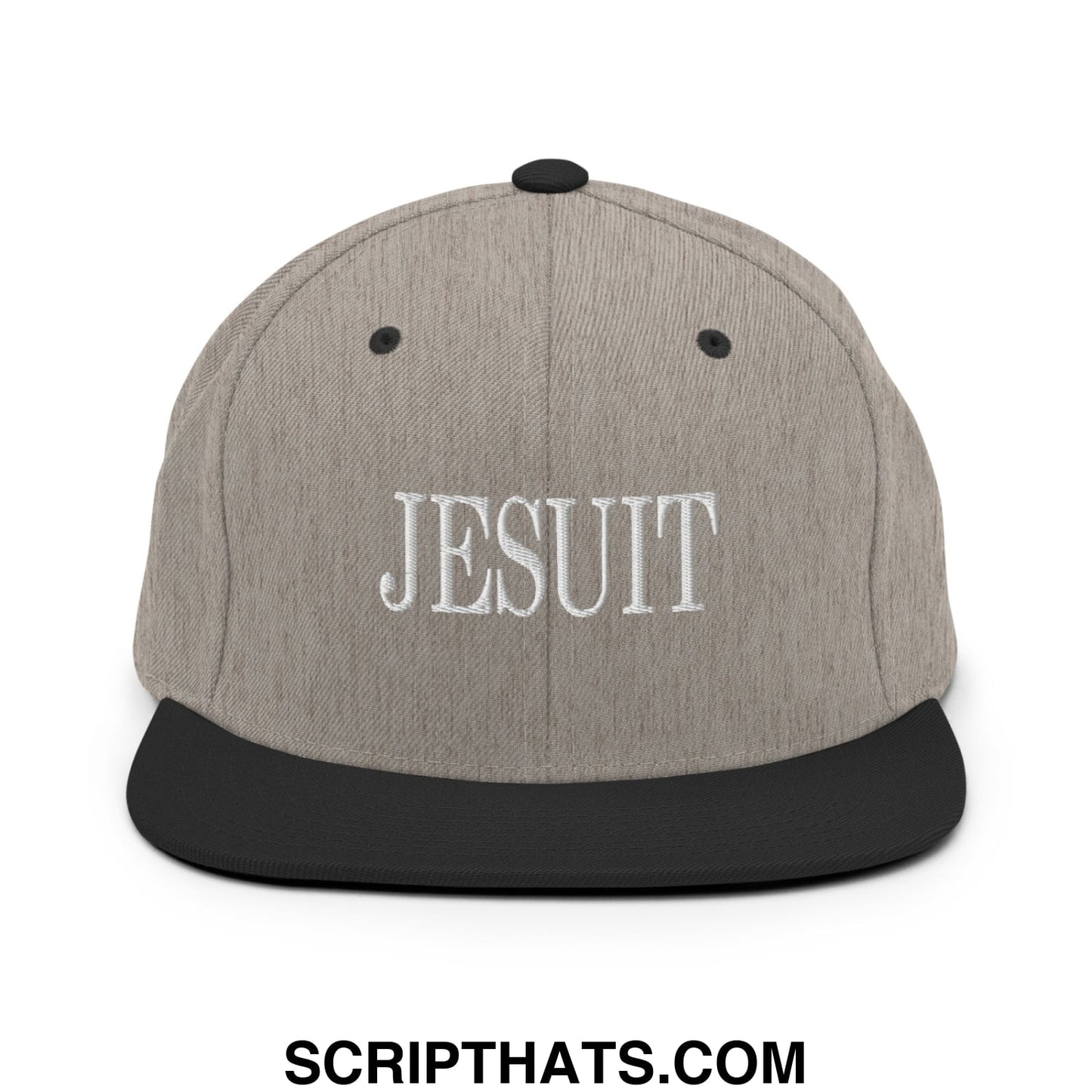 Gray and black snapback hat with flat bill brim and white embroidered jesuit lettering on front panel