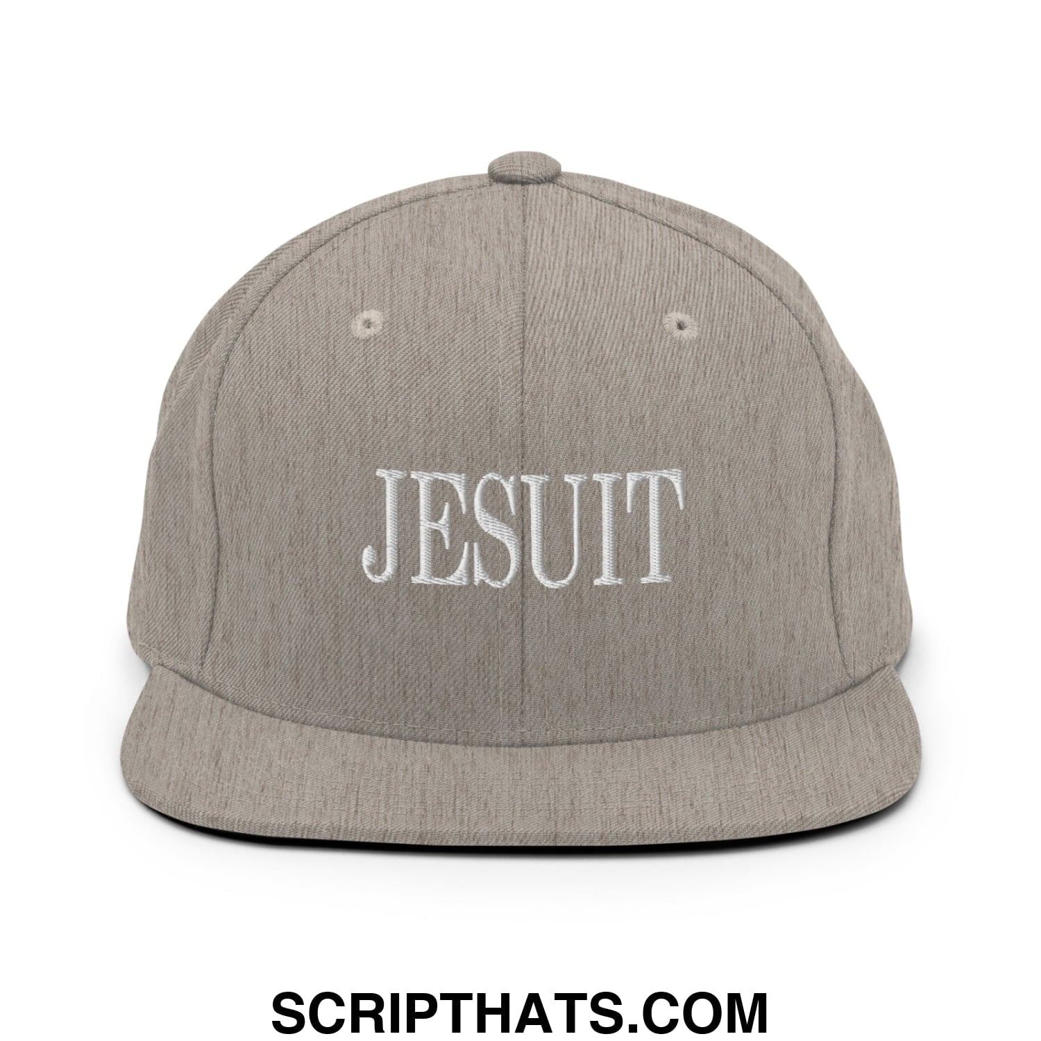 Gray snapback hat with white embroidered jesuit lettering and a flat bill brim in durable fabric