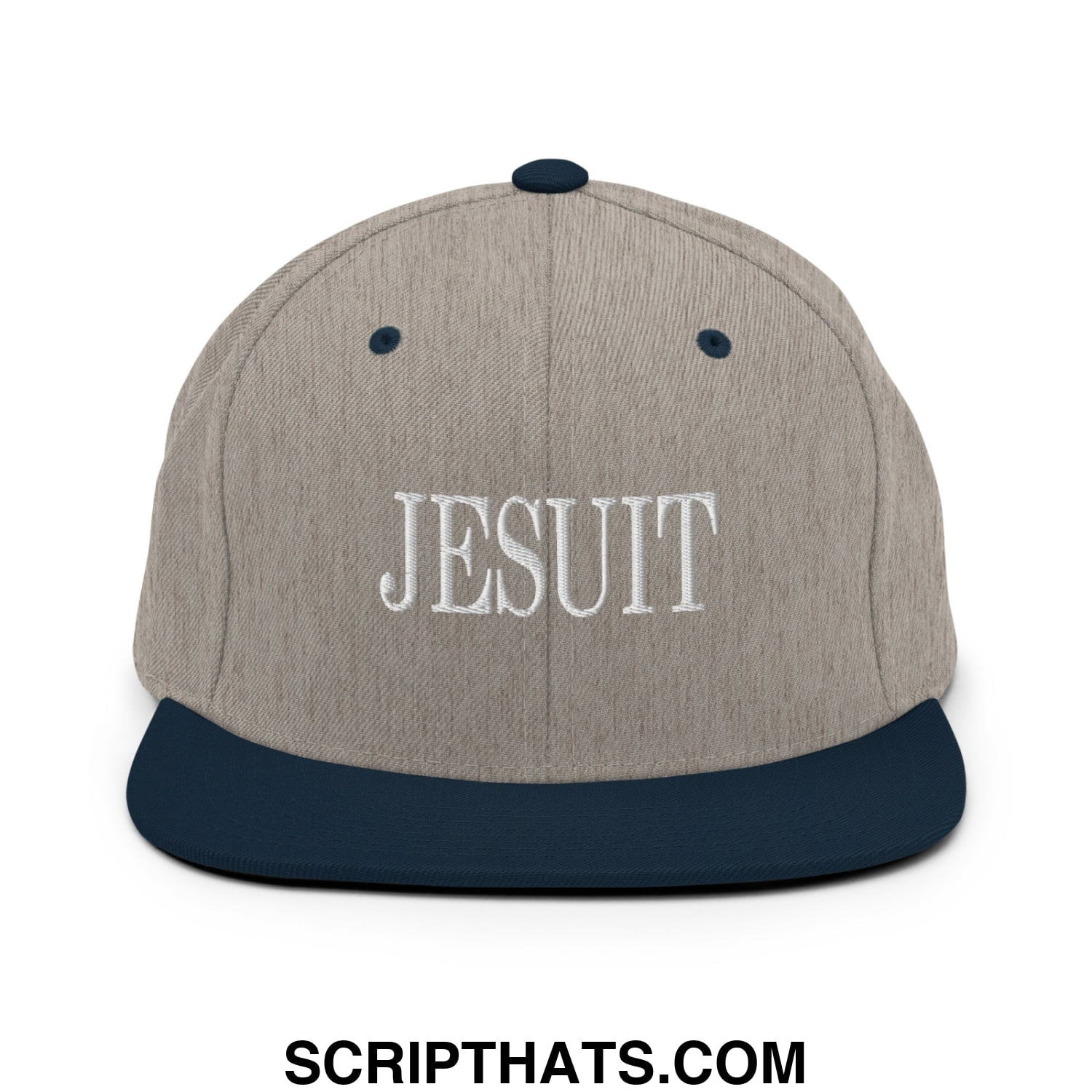 Gray and navy blue snapback cap with jesuit embroidered in white thread on the front for casual wear