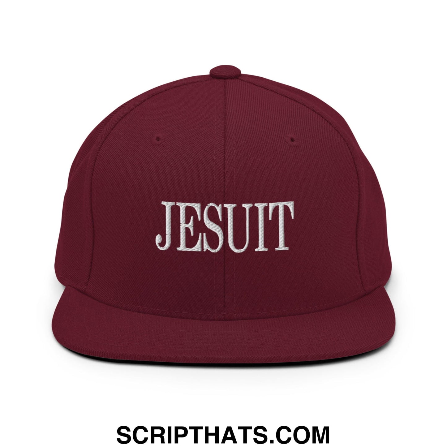 Maroon Jesuit embroidered flat bill brim snapback hat with white lettering for casual wear