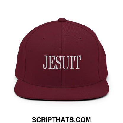 Maroon Jesuit embroidered flat bill brim snapback hat with white lettering for casual wear