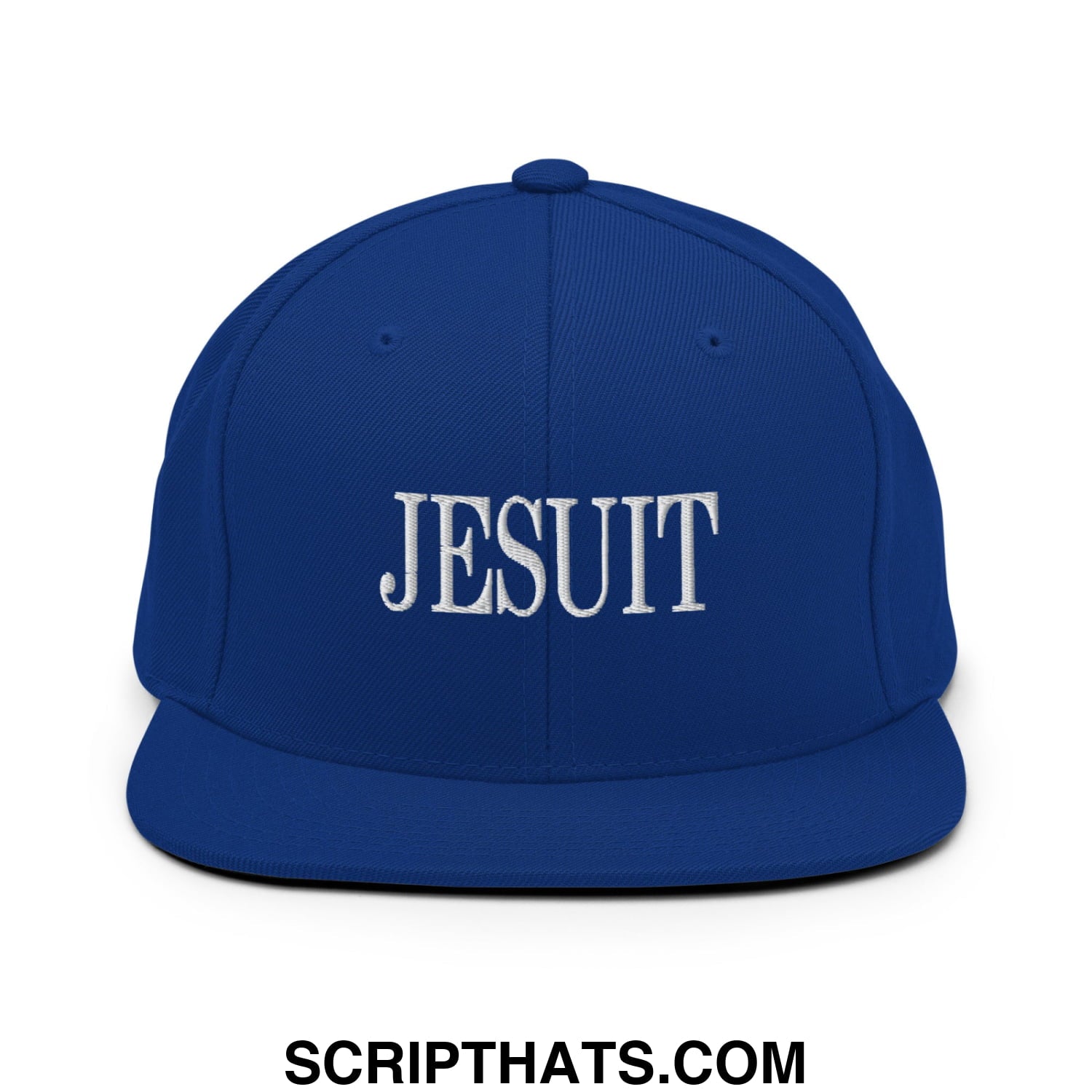 Royal blue snapback hat with white embroidered jesuit lettering and flat bill brim for casual wear