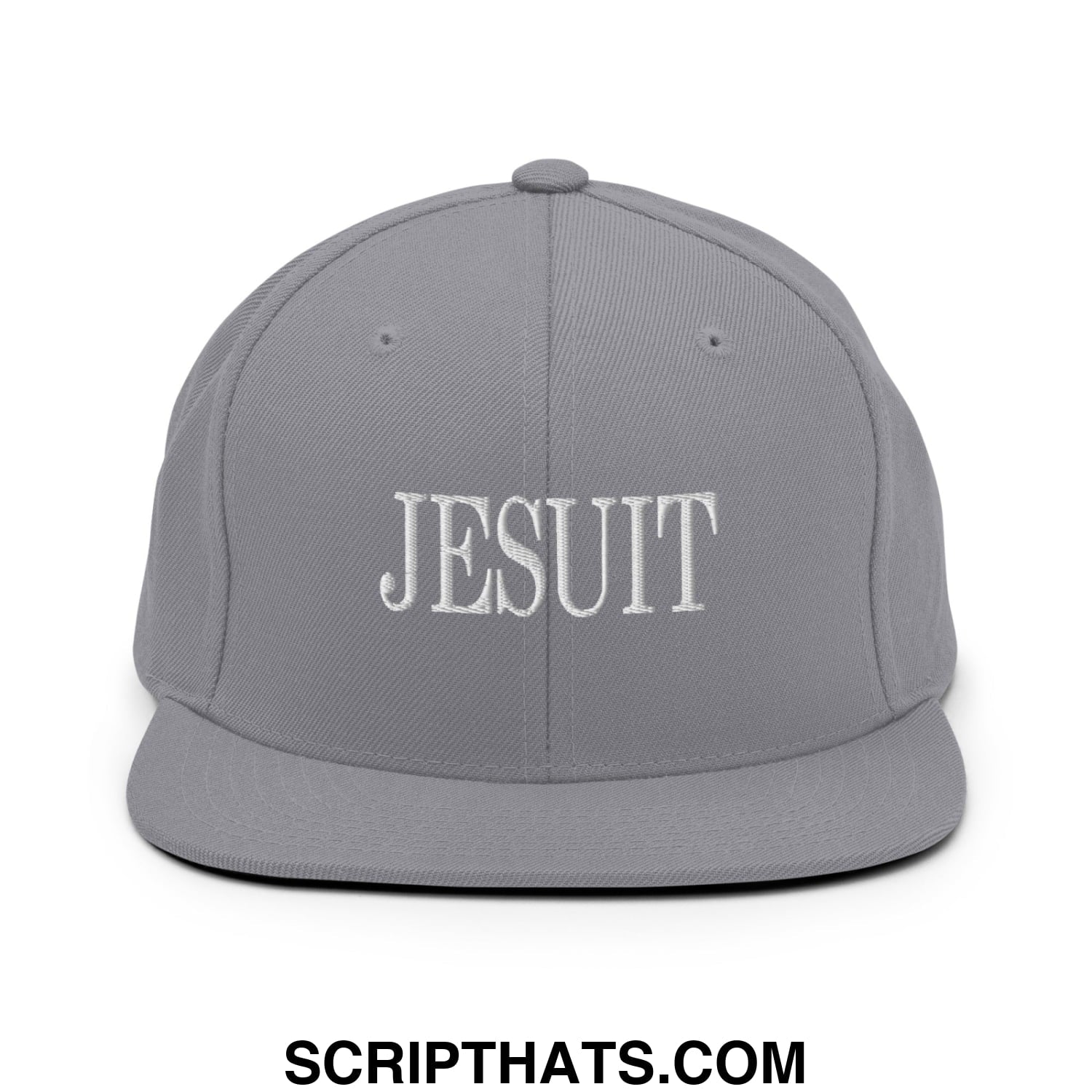 Gray snapback hat with white embroidered jesuit lettering and flat bill brim perfect for casual wear