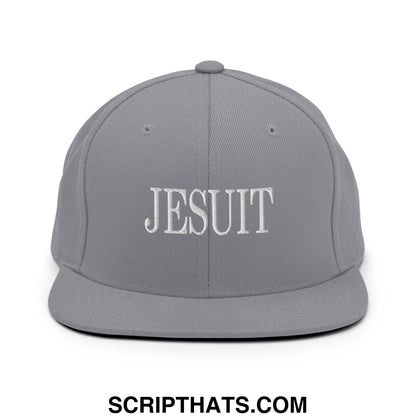 Gray snapback hat with white embroidered jesuit lettering and flat bill brim perfect for casual wear