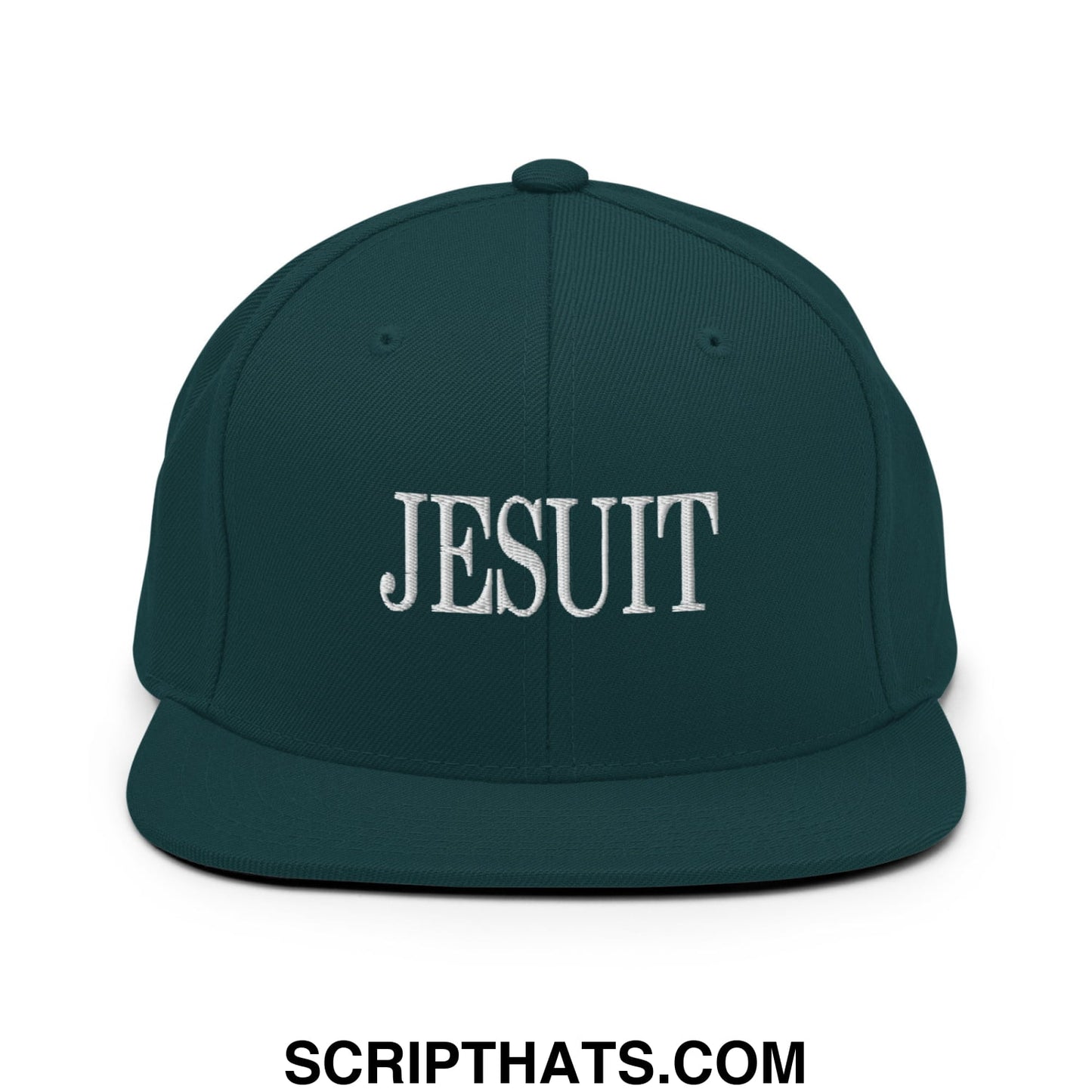 Dark green snapback hat with white embroidered jesuit lettering and flat bill brim for casual wear