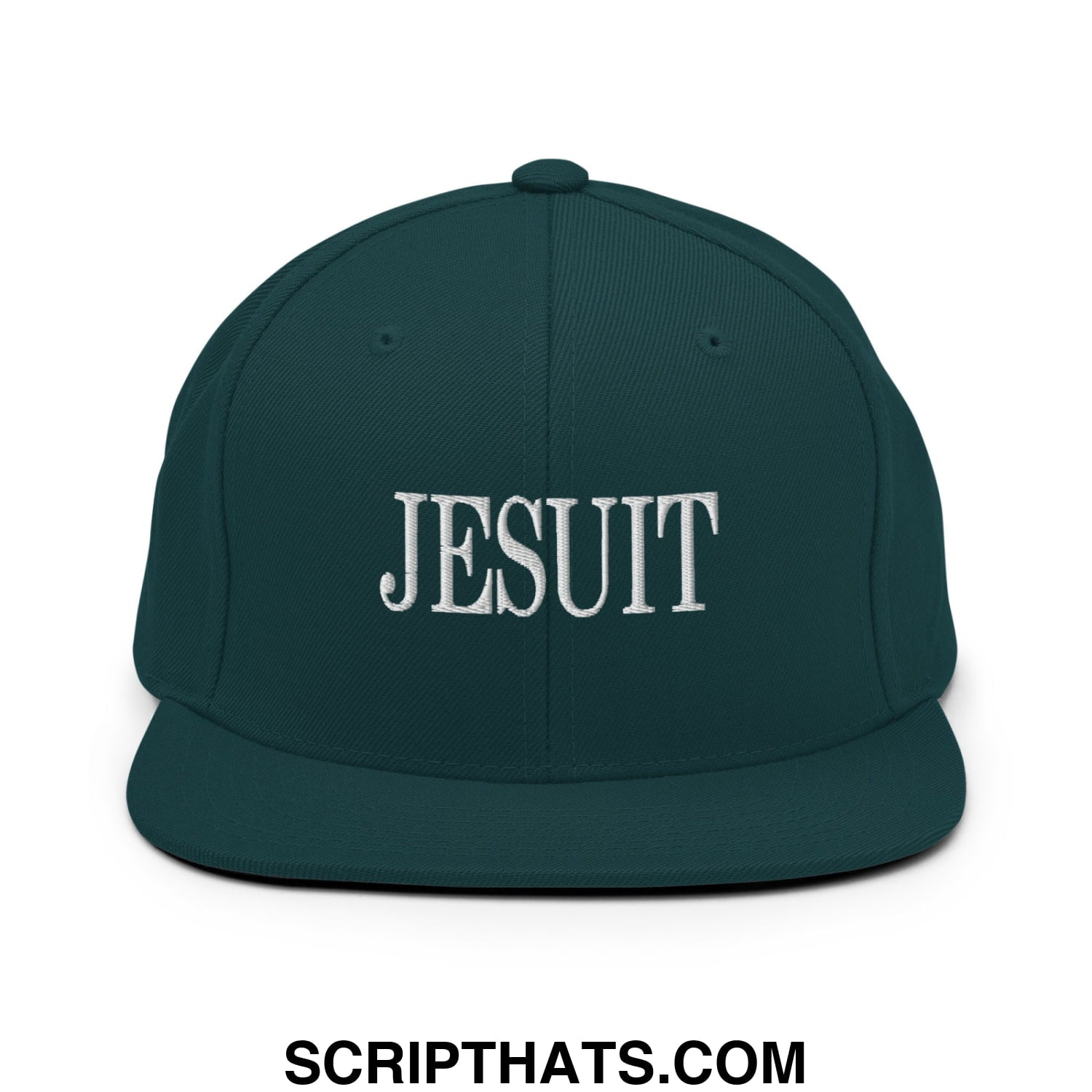 Dark green snapback hat with white embroidered jesuit lettering and flat bill brim for casual wear