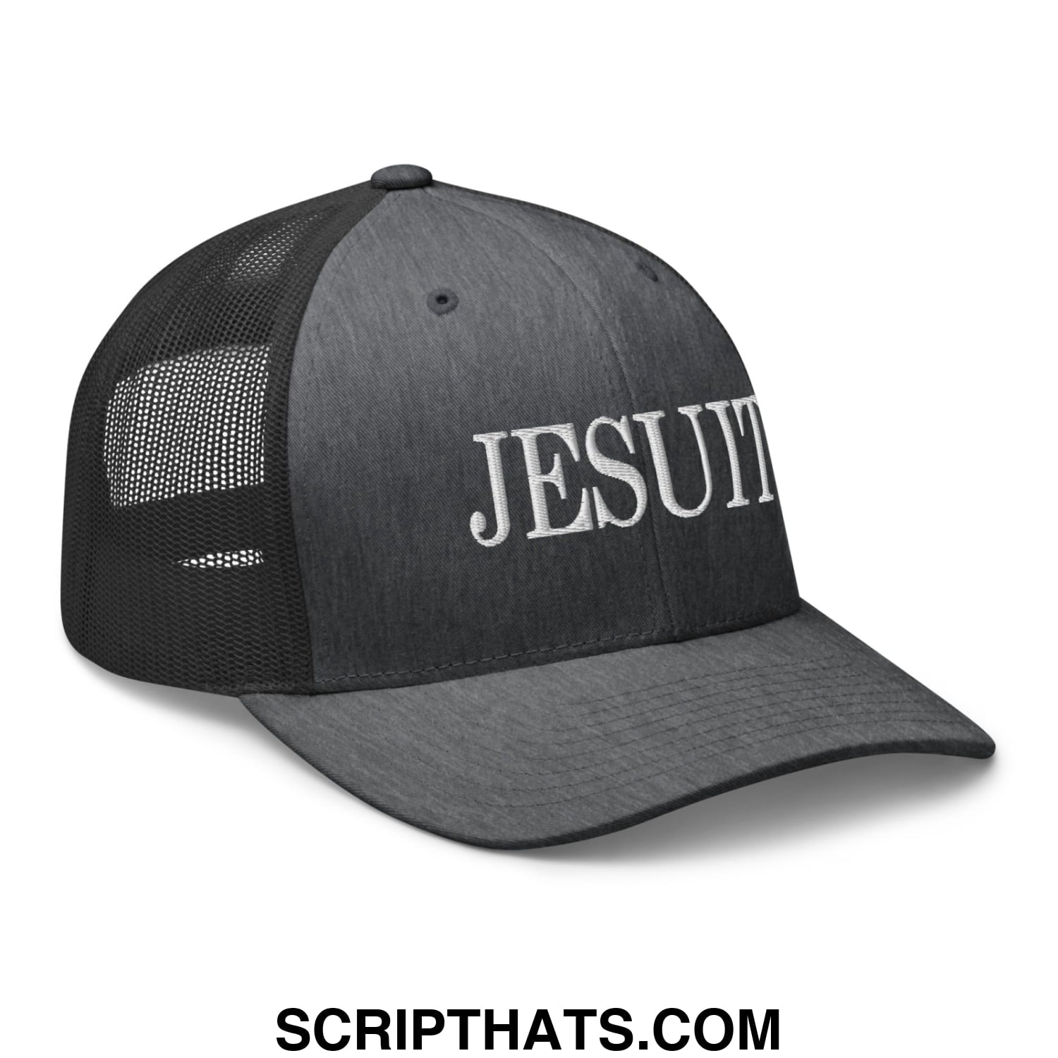 A dark gray mesh trucker hat with white embroidered jesuit lettering on the front panel