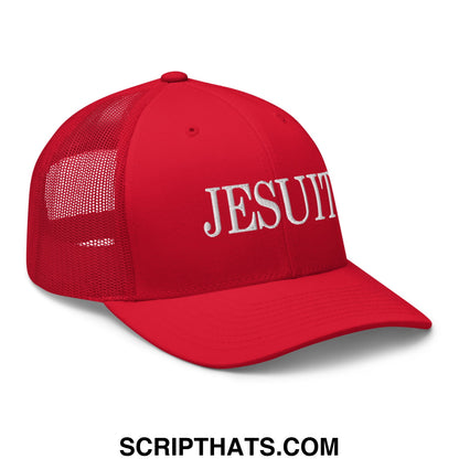 Red mesh trucker hat with white embroidered jesuit lettering on the front in a breathable design