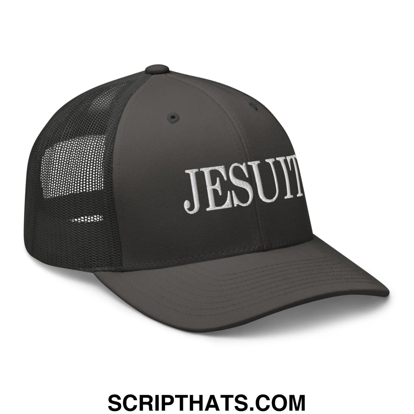 Black mesh trucker hat with white embroidered jesuit lettering on the front panel for casual wear