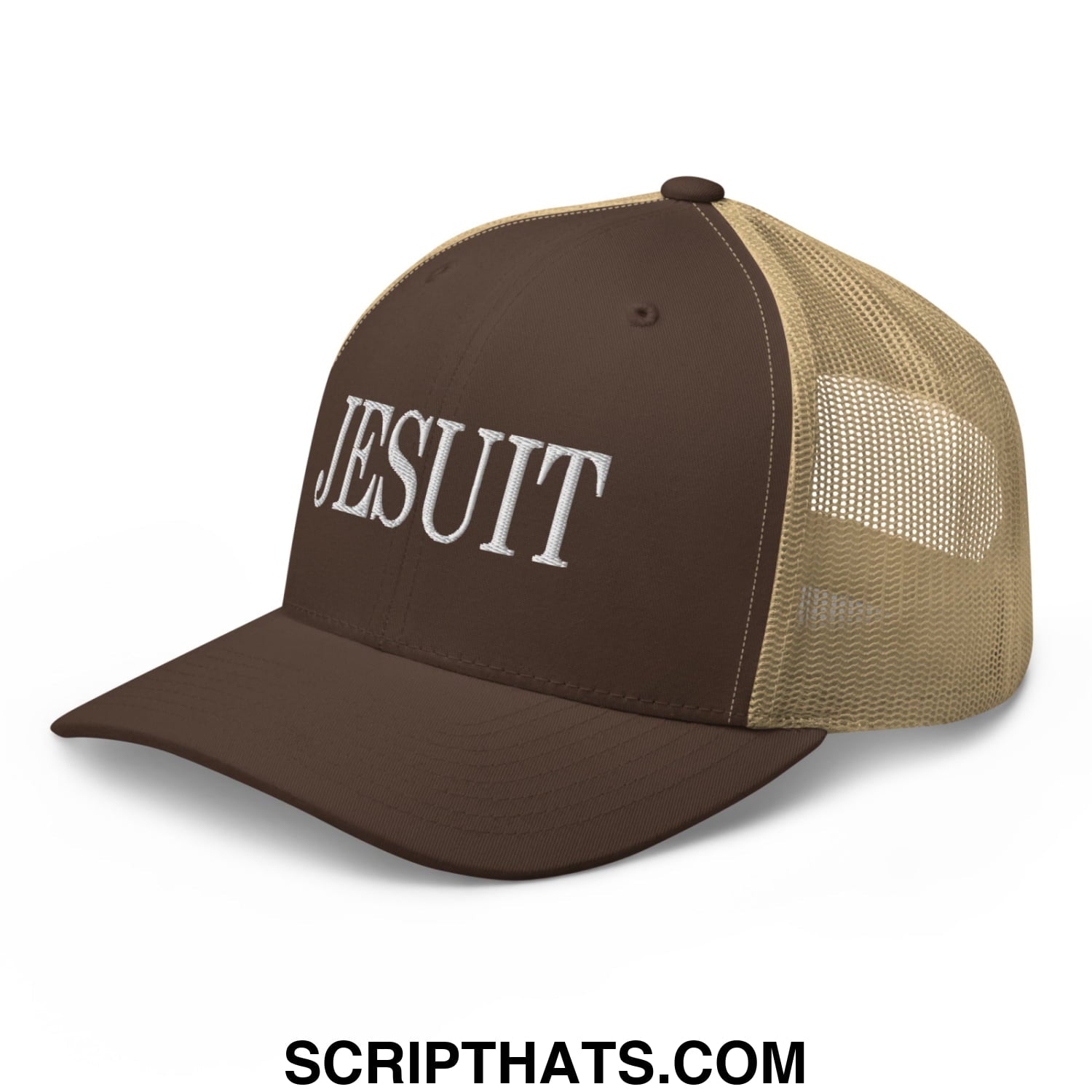 Brown and tan mesh trucker hat with jesuit embroidered in white script across the front panel