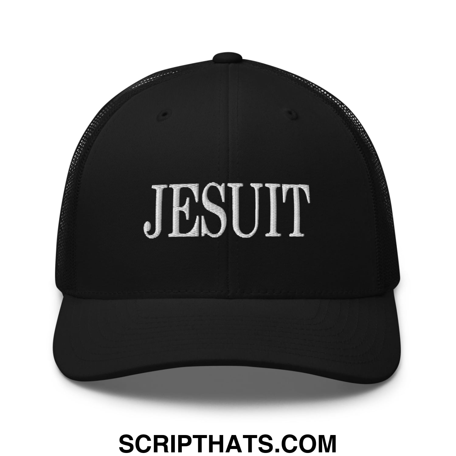 Black mesh trucker hat with white embroidered jesuit text across the front panel for casual wear