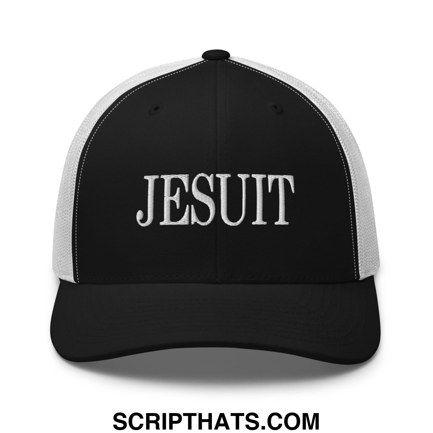 Black and white mesh trucker hat with jesuit embroidered in silver thread on the front panel