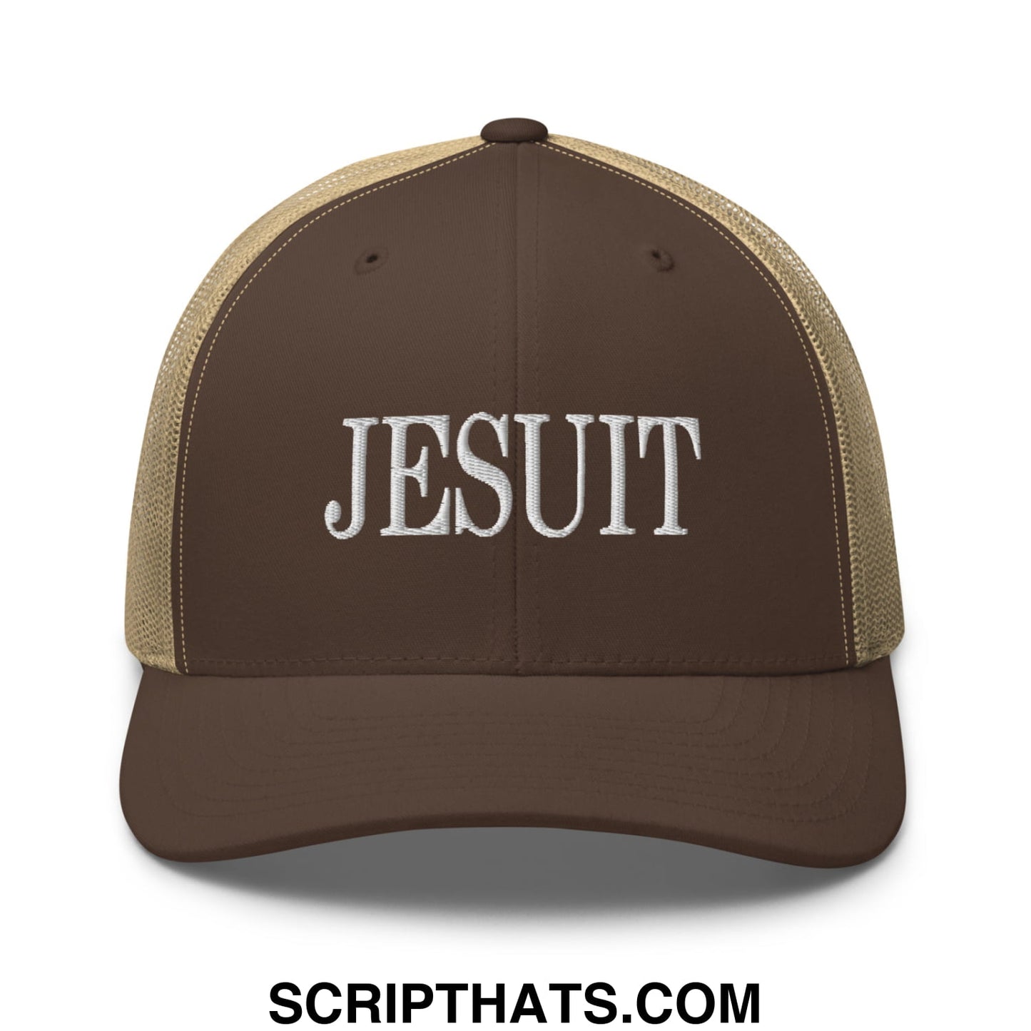 Brown and tan mesh trucker hat with jesuit embroidered in white script across the front