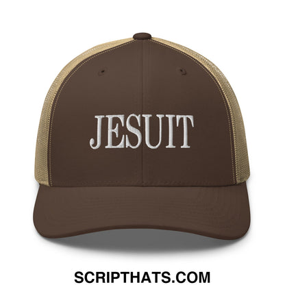 Brown and tan mesh trucker hat with jesuit embroidered in white script across the front