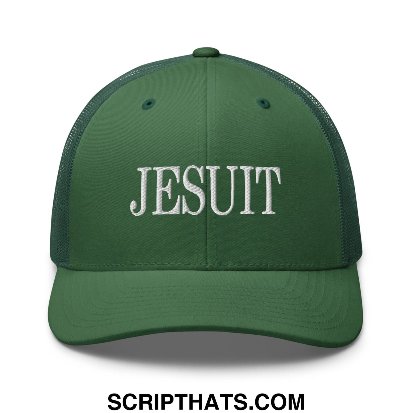 Dark green mesh trucker hat with white embroidered Jesuit lettering across the front panel