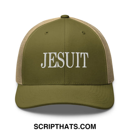 Olive green and tan mesh trucker hat with white embroidered jesuit lettering front view