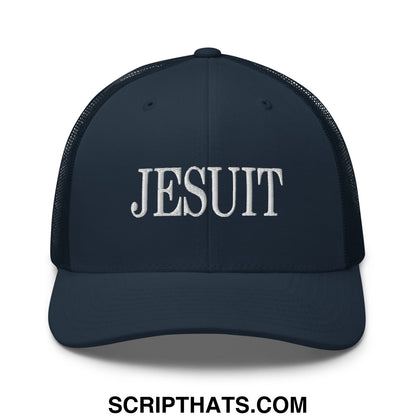 Dark navy blue mesh trucker hat with white embroidered Jesuit lettering across the front panel