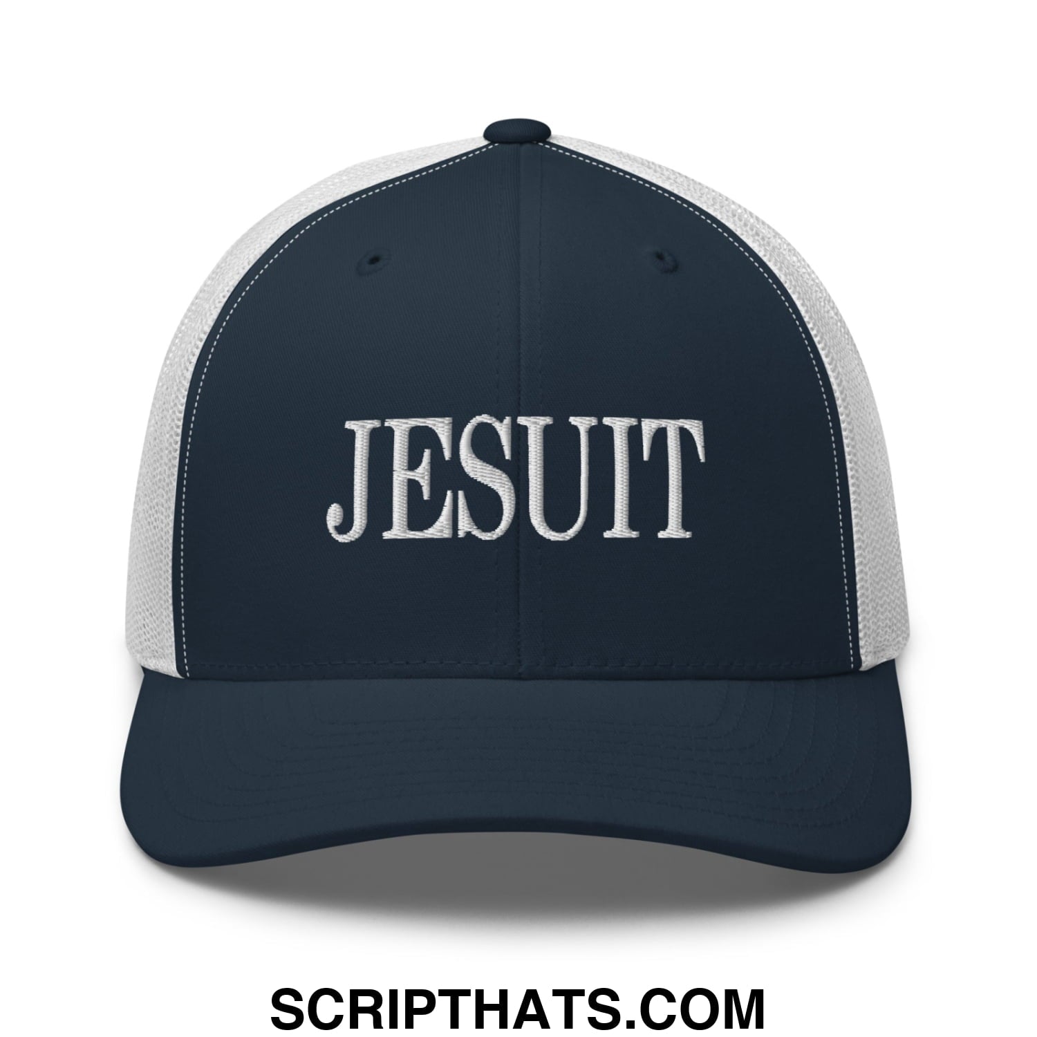 Navy blue and white mesh Jesuit embroidered trucker hat with silver thread logo on the front panel