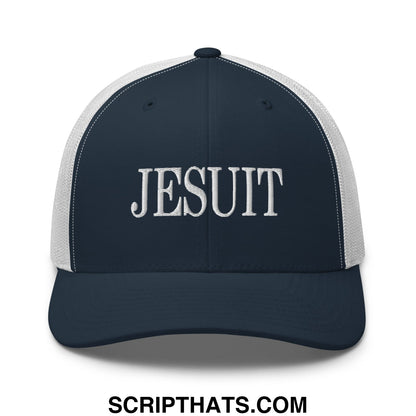 Navy blue and white mesh Jesuit embroidered trucker hat with silver thread logo on the front panel