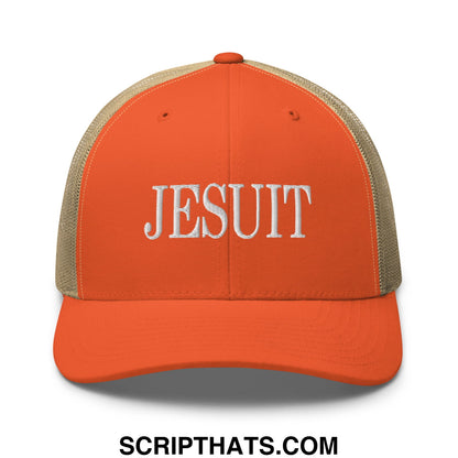 Orange and beige mesh trucker hat with white embroidered jesuit lettering in a breathable design