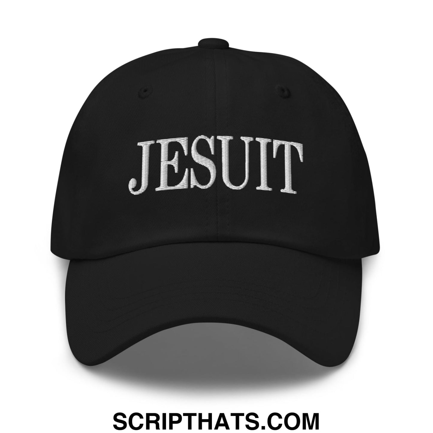 Black unstructured dad hat with white embroidered jesuit lettering ideal for casual wear
