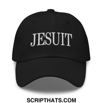Black unstructured dad hat with white embroidered jesuit lettering ideal for casual wear