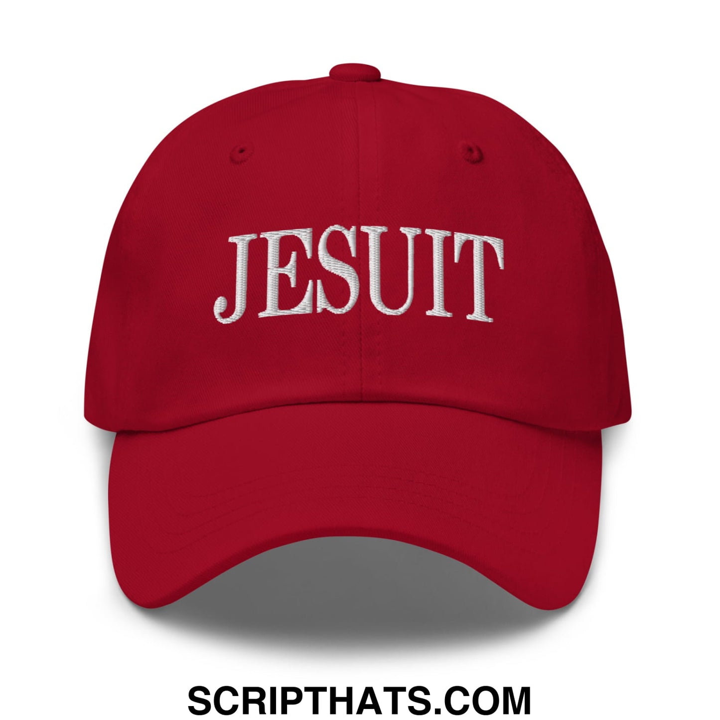 Red unstructured dad hat with white embroidered jesuit lettering on the front for casual wear