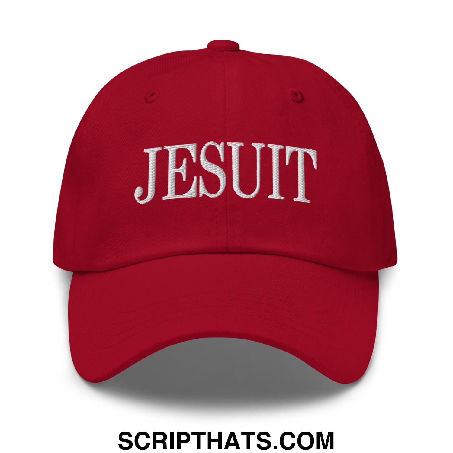 Red unstructured dad hat with white embroidered jesuit lettering on the front for casual wear