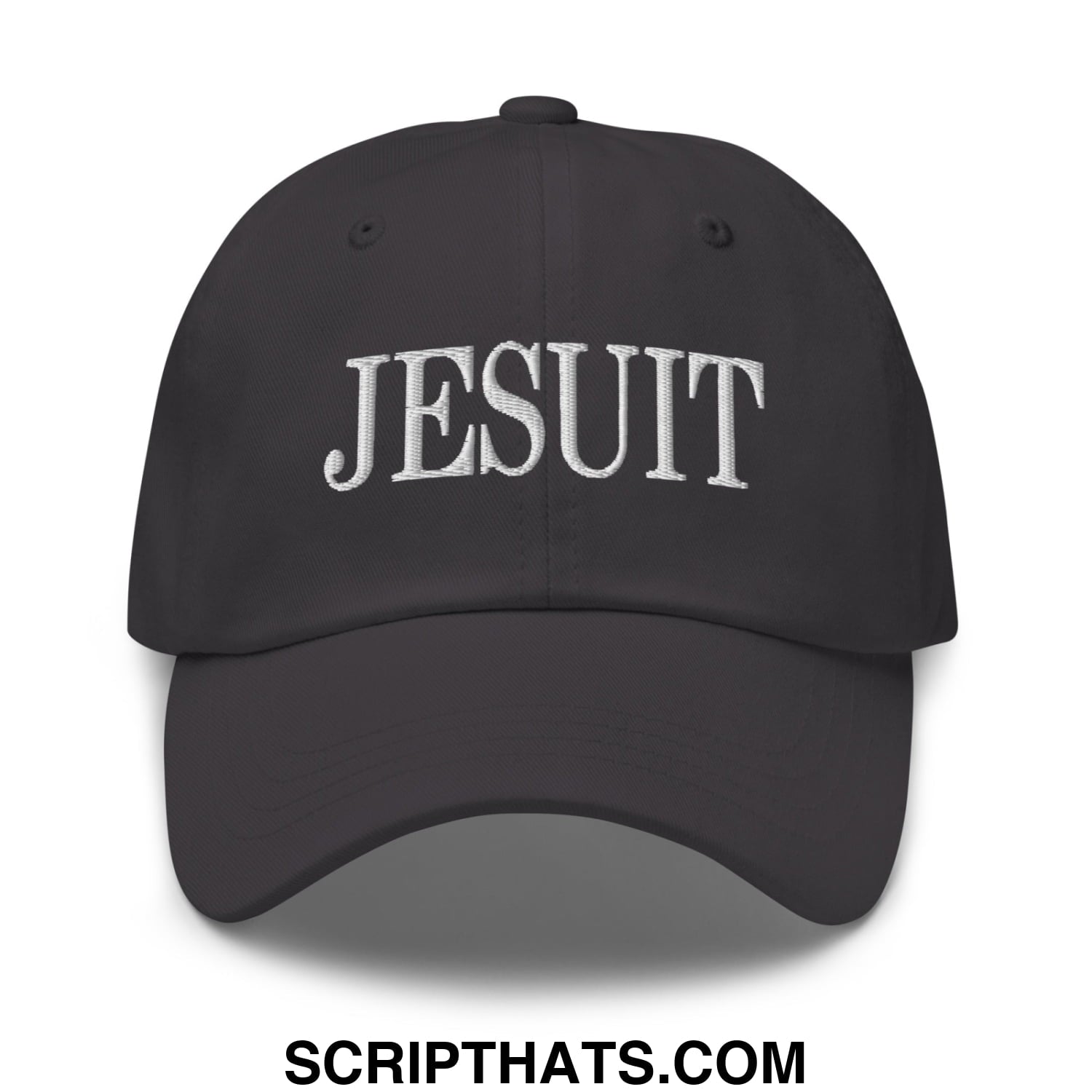 Black unstructured dad hat with white embroidered jesuit lettering ideal for casual wear