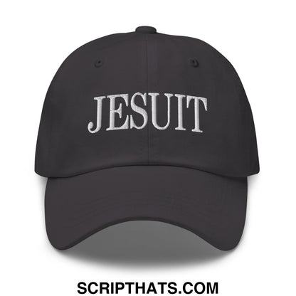 Black unstructured dad hat with white embroidered jesuit lettering ideal for casual wear