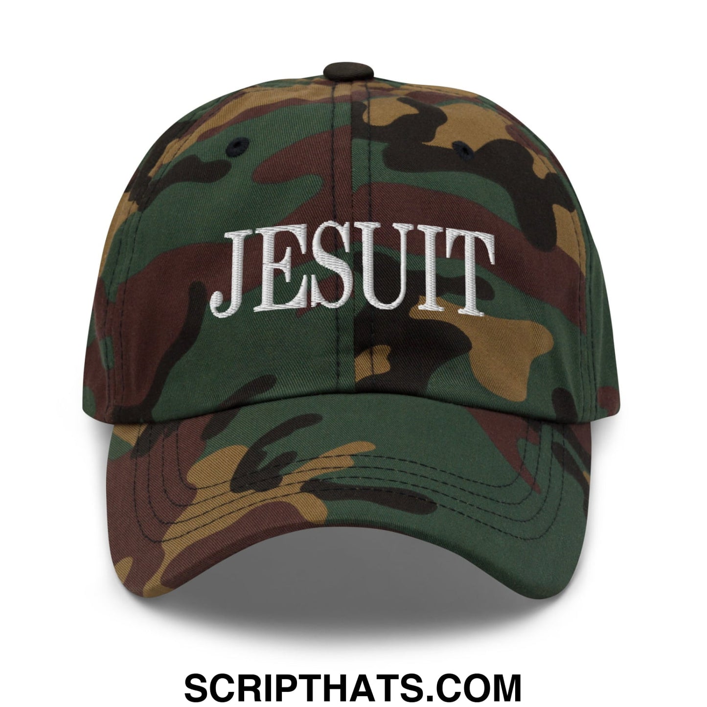 A camouflage unstructured dad hat with jesuit embroidered in white thread across the front