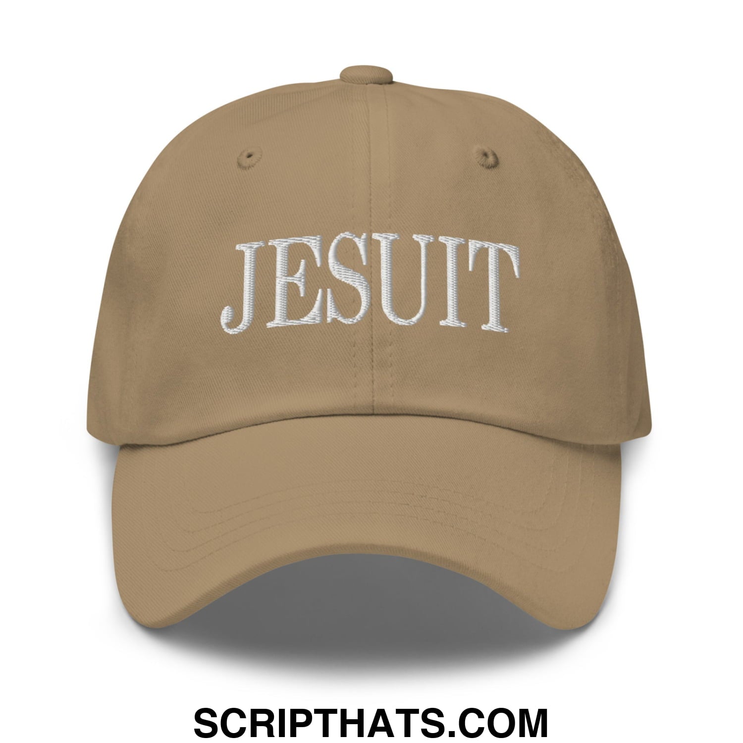 Tan unstructured dad hat featuring white embroidered jesuit lettering on the front in cotton material