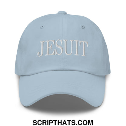 Light blue unstructured dad hat with white embroidered jesuit lettering perfect for casual wear