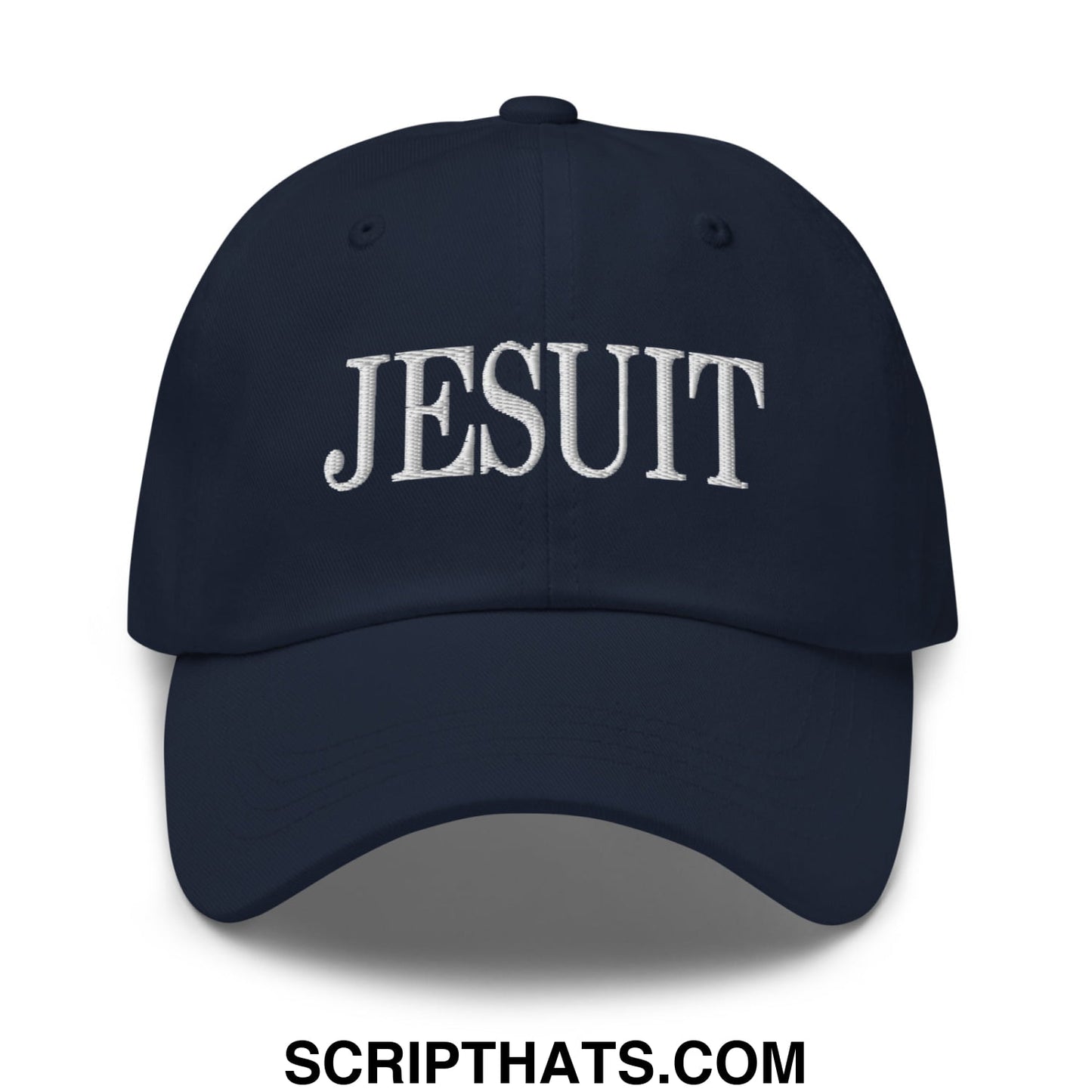 Navy blue unstructured dad hat with white embroidered jesuit lettering across the front for casual wear