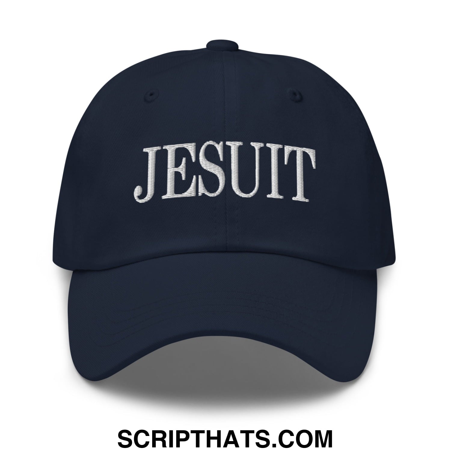 Navy blue unstructured dad hat with white embroidered jesuit lettering across the front for casual wear