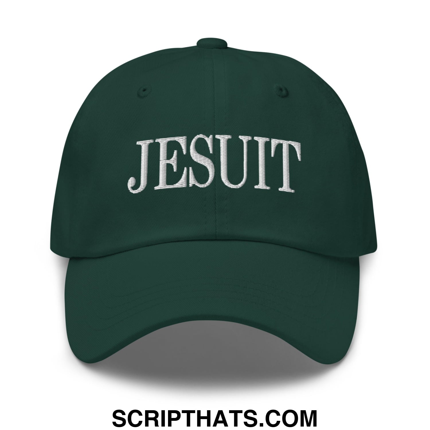 Dark green unstructured dad hat with white embroidered jesuit lettering on front for casual wear