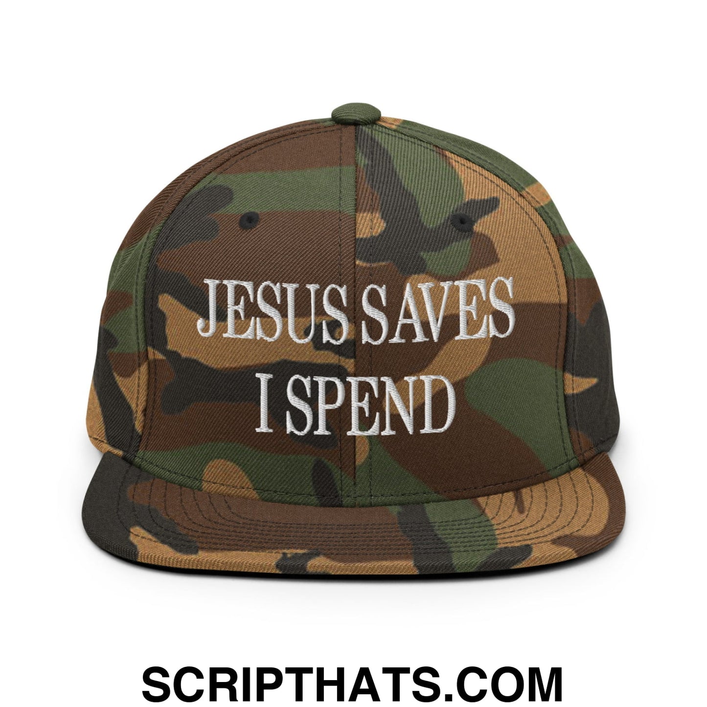 Jesus Saves I Spend Embroidered Flat Bill Brim Snapback Hat Green Camo