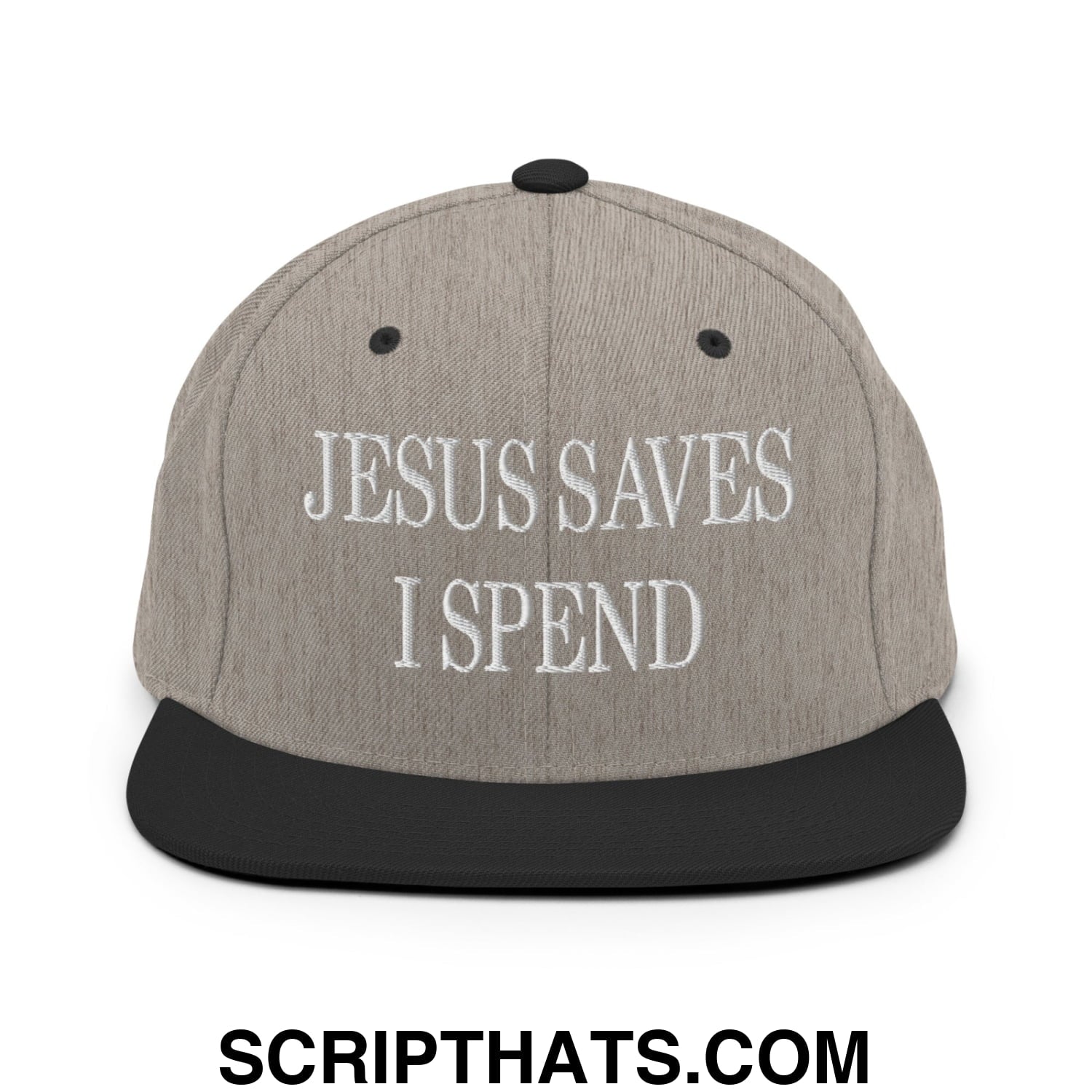 Jesus Saves I Spend Embroidered Flat Bill Brim Snapback Hat Heather Black