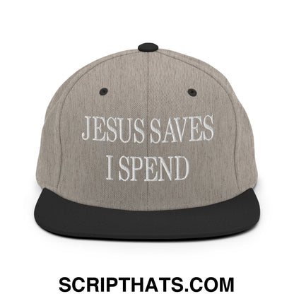 Jesus Saves I Spend Embroidered Flat Bill Brim Snapback Hat Heather Black