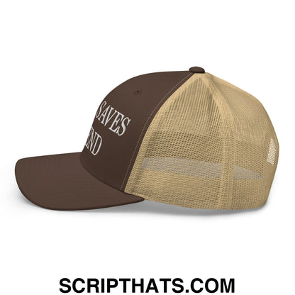 Jesus Saves I Spend Embroidered Mesh Trucker Hat Brown Khaki